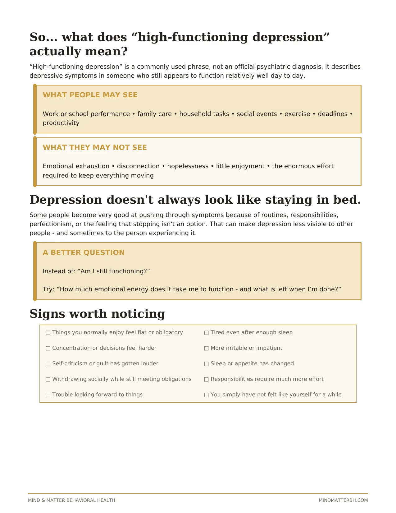 Handout page listing signs that something may be wrong, including loss of interest, fatigue, irritability, and difficulty concentrating