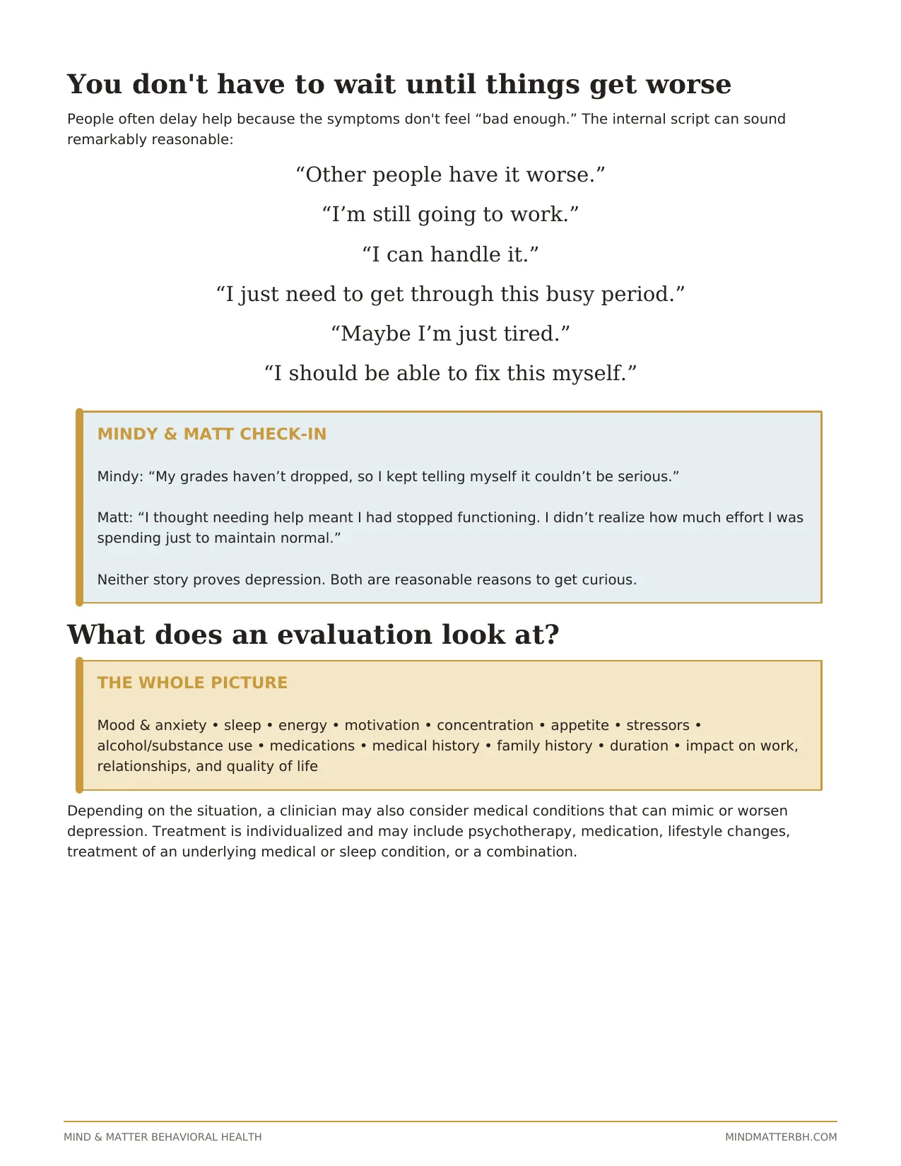 Handout page explaining that delaying help can prolong symptoms and describing what a mental health evaluation may cover