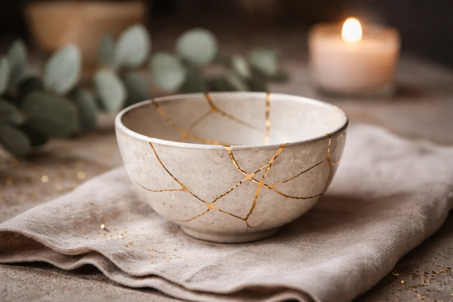 Kintsugi bowl with light finish and eucalyptus